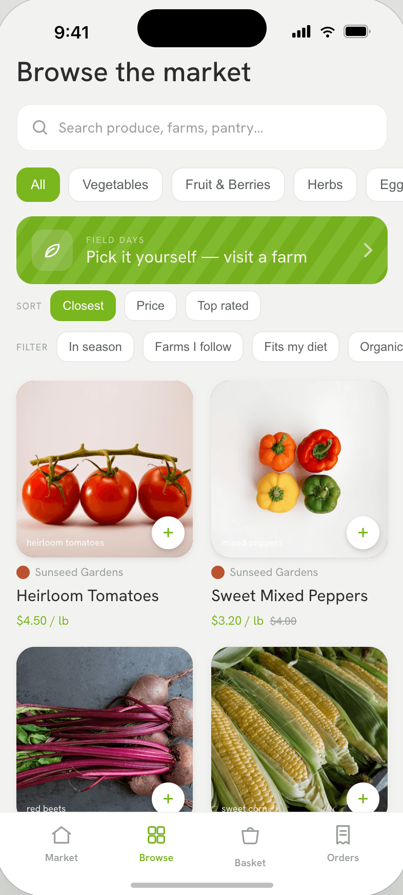 Browsing produce filtered by farm and season